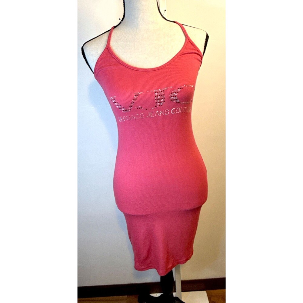 Vintage Y2K Versace Jeans Couture Ribbed Bodycon mini Dress Rhinestone VJC Logo